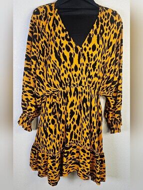 GiGiO USA Large Mustard Leopard Print Ruffle Mini Dress